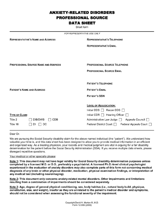 Anxiety-Related Disorders Professional Source Data Sheet