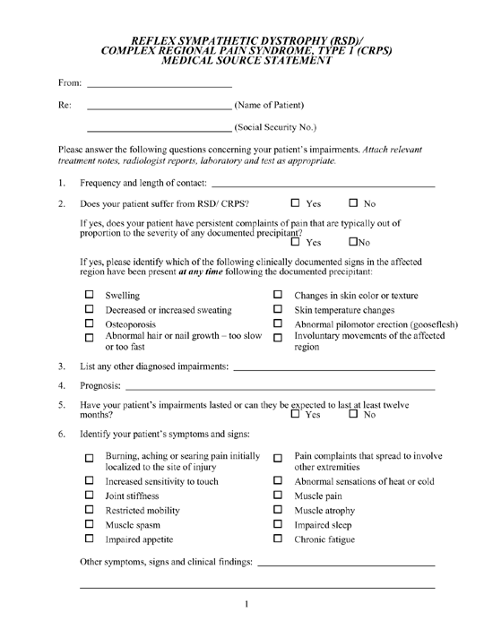 Complex Regional Pain Syndrome Medical Source Statement