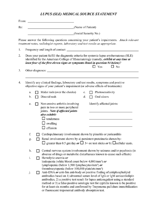 Lupus (SLE) Medical Source Statement